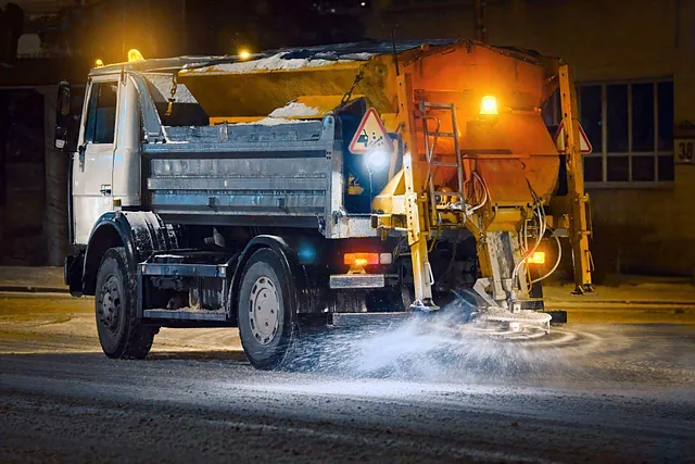 Lastbil spred salt och sand på snöig stadsväg under snöstorm under nattskiftet